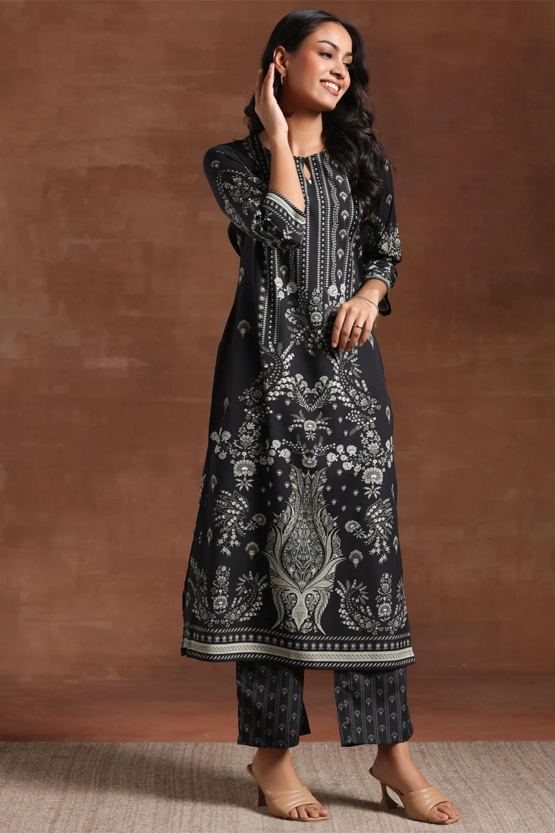 Black Printed Crepe Straight Kurta Set