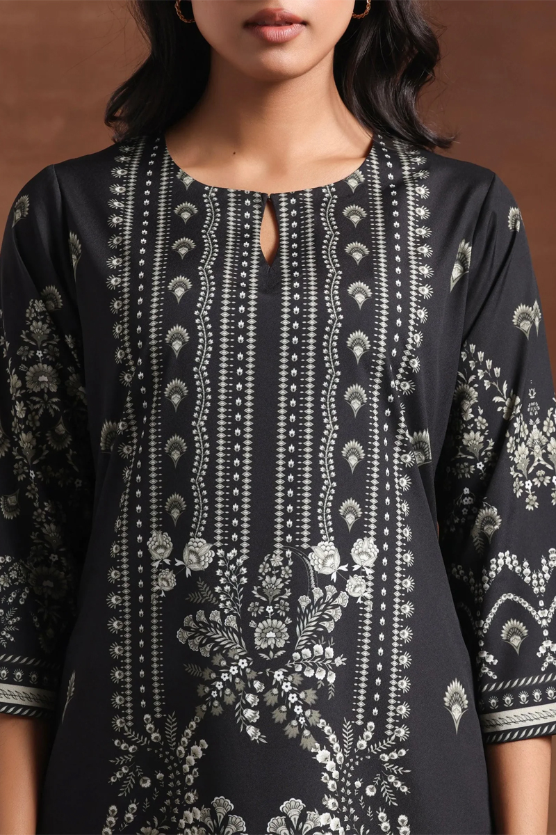 Black Printed Crepe Straight Kurta Set