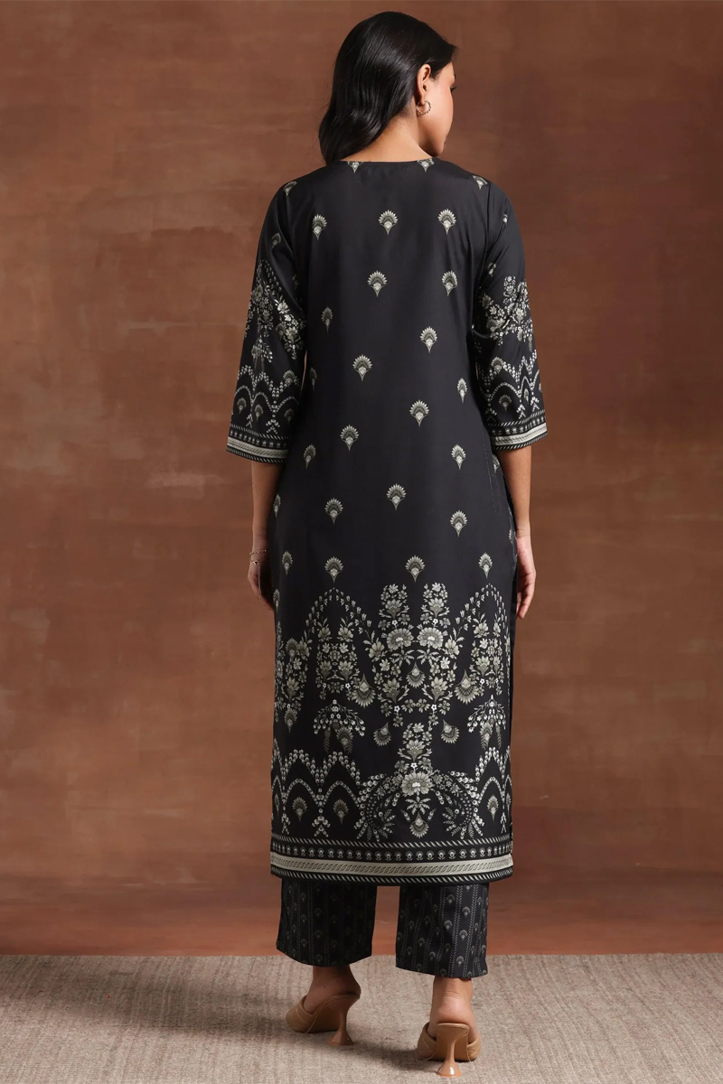 Black Printed Crepe Straight Kurta Set