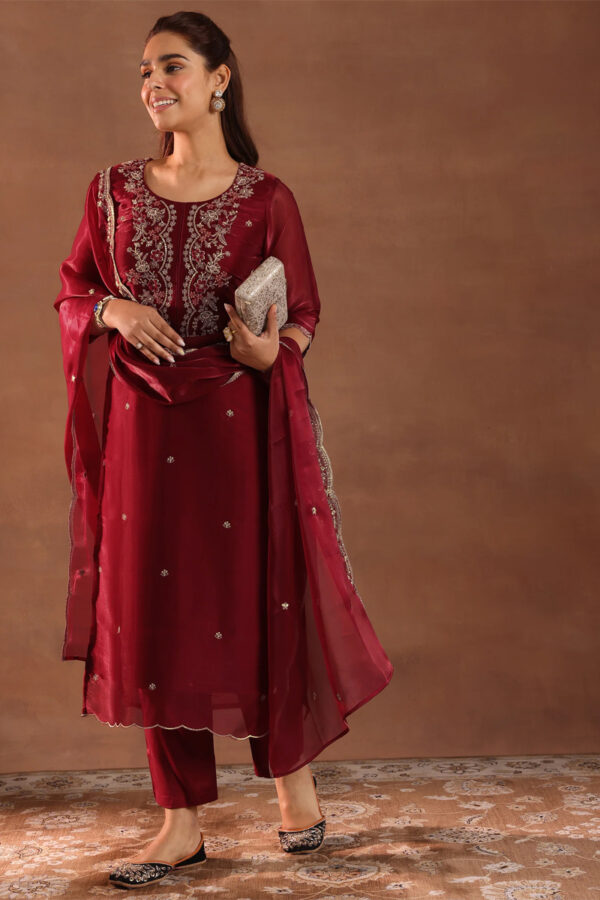 Maroon Yoke Design Tissue Straight Suit With Dupatta