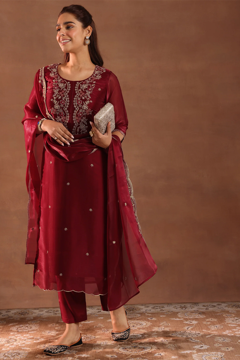 Maroon Yoke Design Tissue Straight Suit With Dupatta