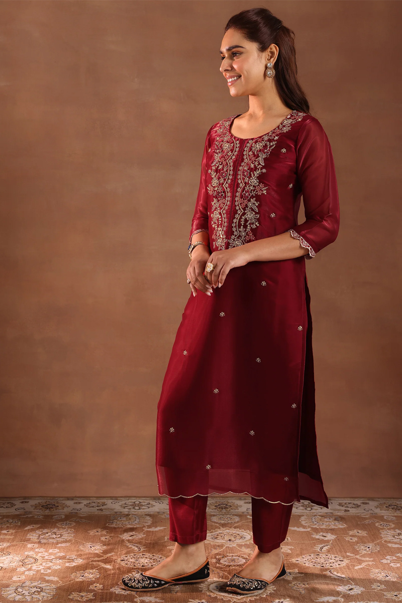 Maroon Yoke Design Tissue Straight Suit With Dupatta