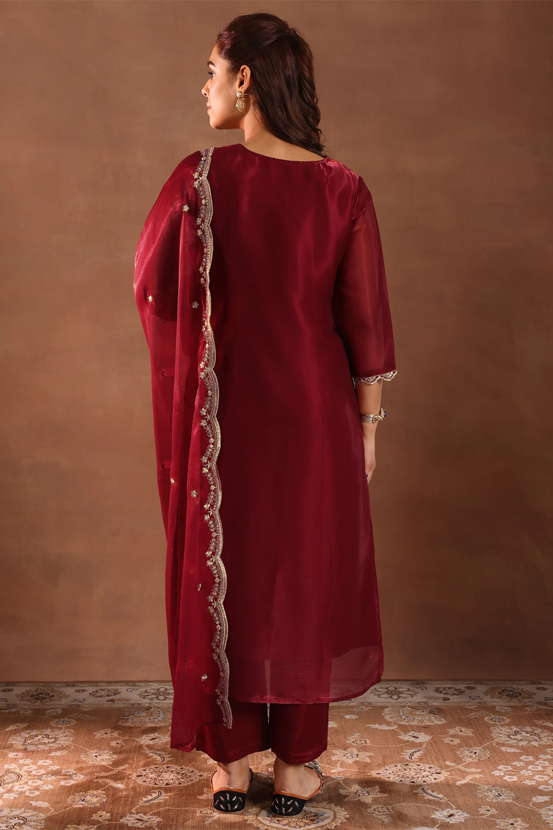 Maroon Yoke Design Tissue Straight Suit With Dupatta