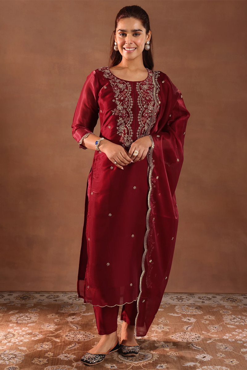 Maroon Yoke Design Tissue Straight Suit With Dupatta