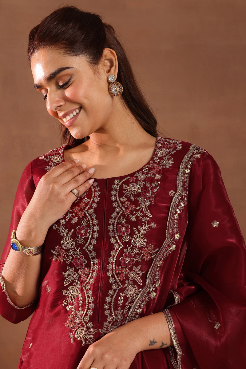 Maroon Yoke Design Tissue Straight Suit With Dupatta