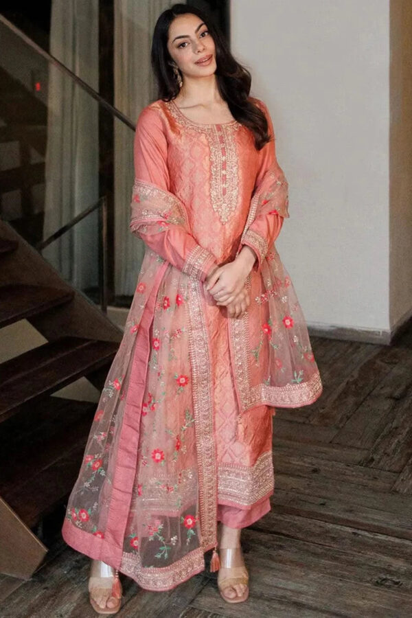 Peach Self Design Silk Blend Straight Kurta With Dupatta