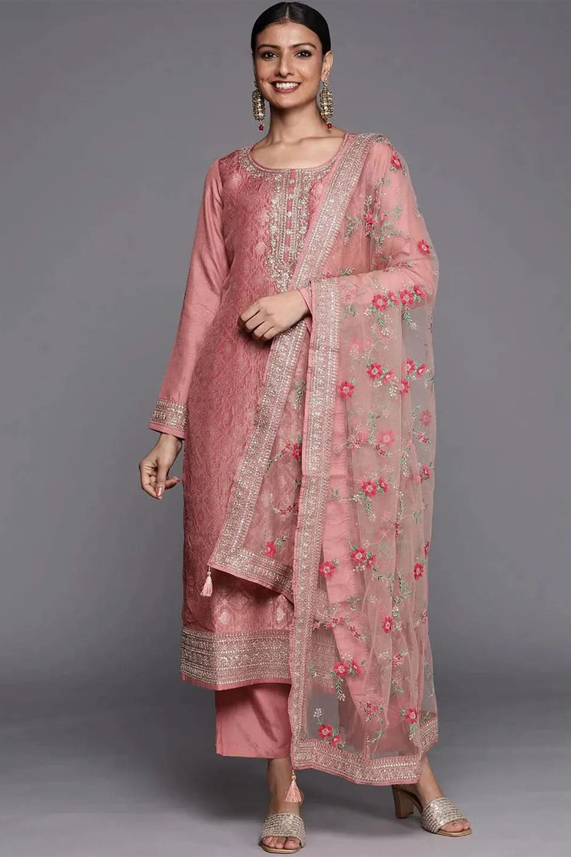 Peach Self Design Silk Blend Straight Kurta With Dupatta