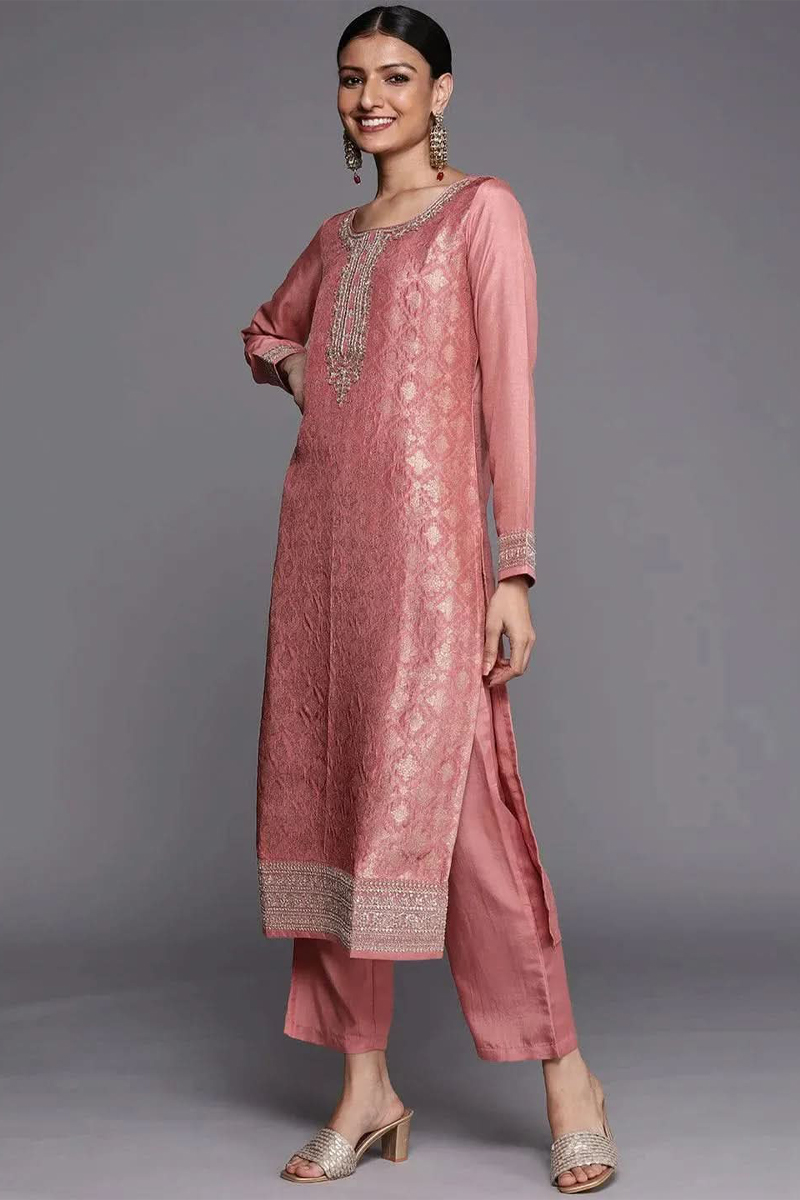 Peach Self Design Silk Blend Straight Kurta With Dupatta