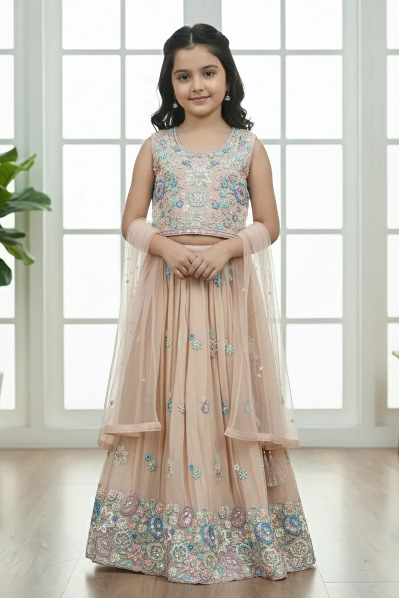 Peach Embroidered Lehenga Choli for Girls